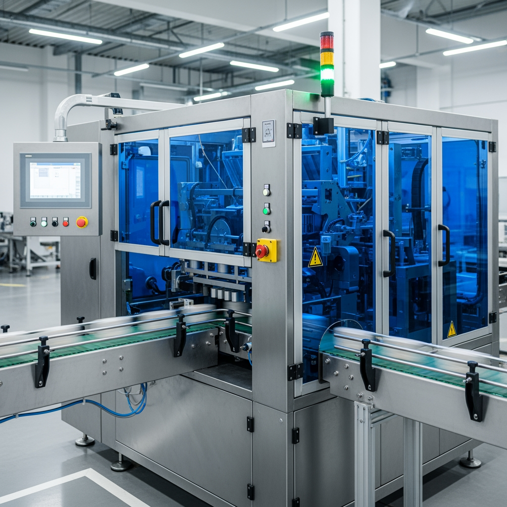 AI Design for "Ultra-realistic industrial factory environment with a modern packaging machine operating normally. The machine safety guard door is completely closed. A non-contact magnetic safety door switch is installed on the guard door frame. Conveyor belts are running with products moving smoothly. Green status indicator lights are ON, indicating normal operation. Clean and modern smart factory environment, detailed industrial machinery, realistic control panel, stainless steel machine body, professional industrial automation setup, realistic lighting and shadows, high-detail metal textures, corporate industrial photography style, DSLR quality, ultra realistic, 4K, landscape orientation."

Negative Prompt:

"open door, stopped machine, red warning light, emergency stop, cartoon, anime, blurry, low quality, distorted machinery, broken machine, extra people, text, watermark, logo, futuristic sci-fi factory"