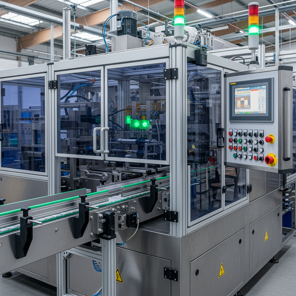 AI Design for "Ultra-realistic industrial factory environment with a modern packaging machine operating normally. The machine safety guard door is completely closed. A non-contact magnetic safety door switch is installed on the guard door frame. Conveyor belts are running with products moving smoothly. Green status indicator lights are ON, indicating normal operation. Clean and modern smart factory environment, detailed industrial machinery, realistic control panel, stainless steel machine body, professional industrial automation setup, realistic lighting and shadows, high-detail metal textures, corporate industrial photography style, DSLR quality, ultra realistic, 4K, landscape orientation."

Negative Prompt:

"open door, stopped machine, red warning light, emergency stop, cartoon, anime, blurry, low quality, distorted machinery, broken machine, extra people, text, watermark, logo, futuristic sci-fi factory"