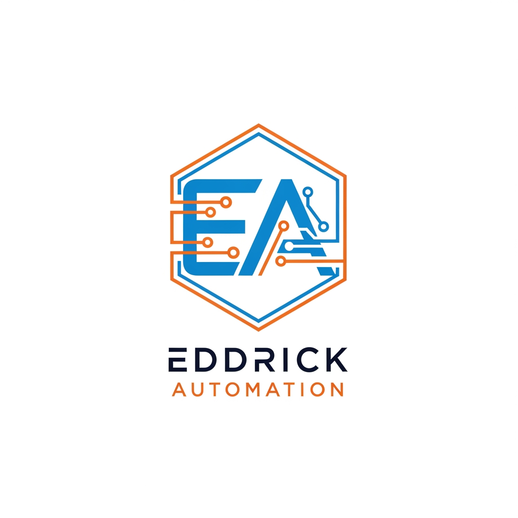 AI Design for Modern industrial automation company logo for "EDDRICK AUTOMATION", minimal and professional design, EA monogram, circuit lines, hexagon shape, Industry 4.0 style, blue and orange color palette, clean corporate branding, futuristic technology logo.