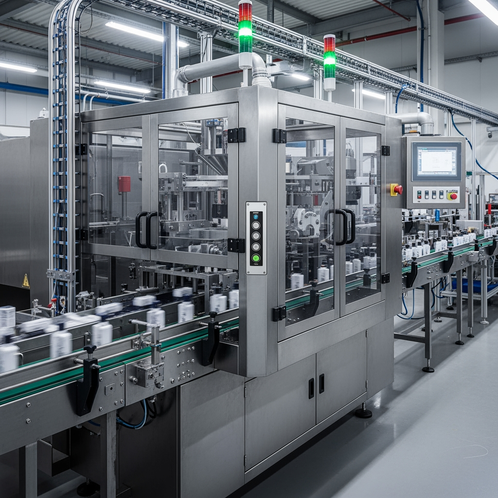 AI Design for "Ultra-realistic industrial factory environment with a modern packaging machine operating normally. The machine safety guard door is completely closed. A non-contact magnetic safety door switch is installed on the guard door frame. Conveyor belts are running with products moving smoothly. Green status indicator lights are ON, indicating normal operation. Clean and modern smart factory environment, detailed industrial machinery, realistic control panel, stainless steel machine body, professional industrial automation setup, realistic lighting and shadows, high-detail metal textures, corporate industrial photography style, DSLR quality, ultra realistic, 4K, landscape orientation."

Negative Prompt:

"open door, stopped machine, red warning light, emergency stop, cartoon, anime, blurry, low quality, distorted machinery, broken machine, extra people, text, watermark, logo, futuristic sci-fi factory"