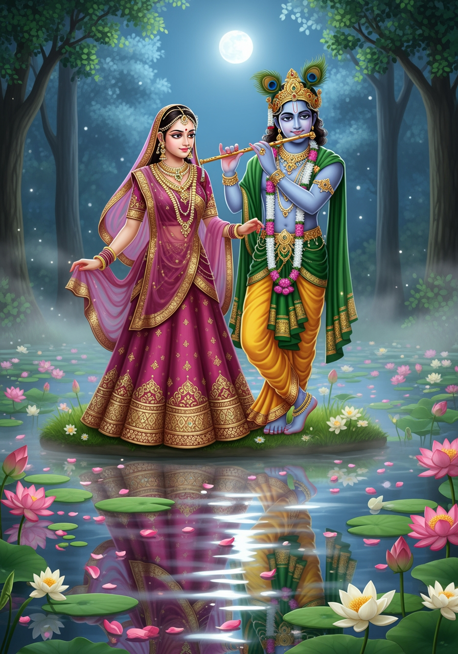 AI Design for Radha Krishna standing beside a lotus pond under moonlight, Krishna wearing emerald green attire with golden embroidery, Radha in magenta lehenga with heavy jewelry, floating petals, glowing reflections, dreamy atmosphere, ultra detailed, 8K, 4:5.