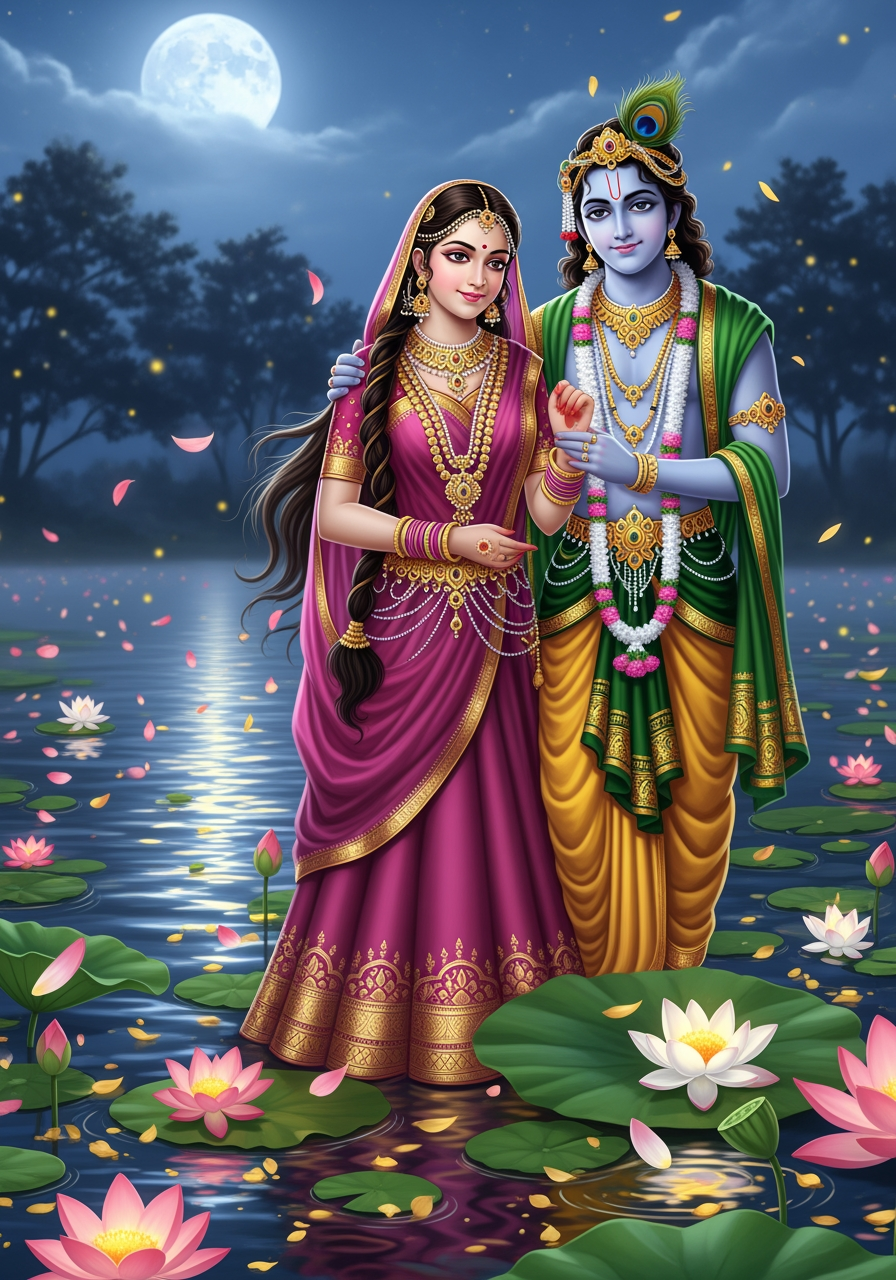 AI Design for Radha Krishna standing beside a lotus pond under moonlight, Krishna wearing emerald green attire with golden embroidery, Radha in magenta lehenga with heavy jewelry, floating petals, glowing reflections, dreamy atmosphere, ultra detailed, 8K, 4:5.