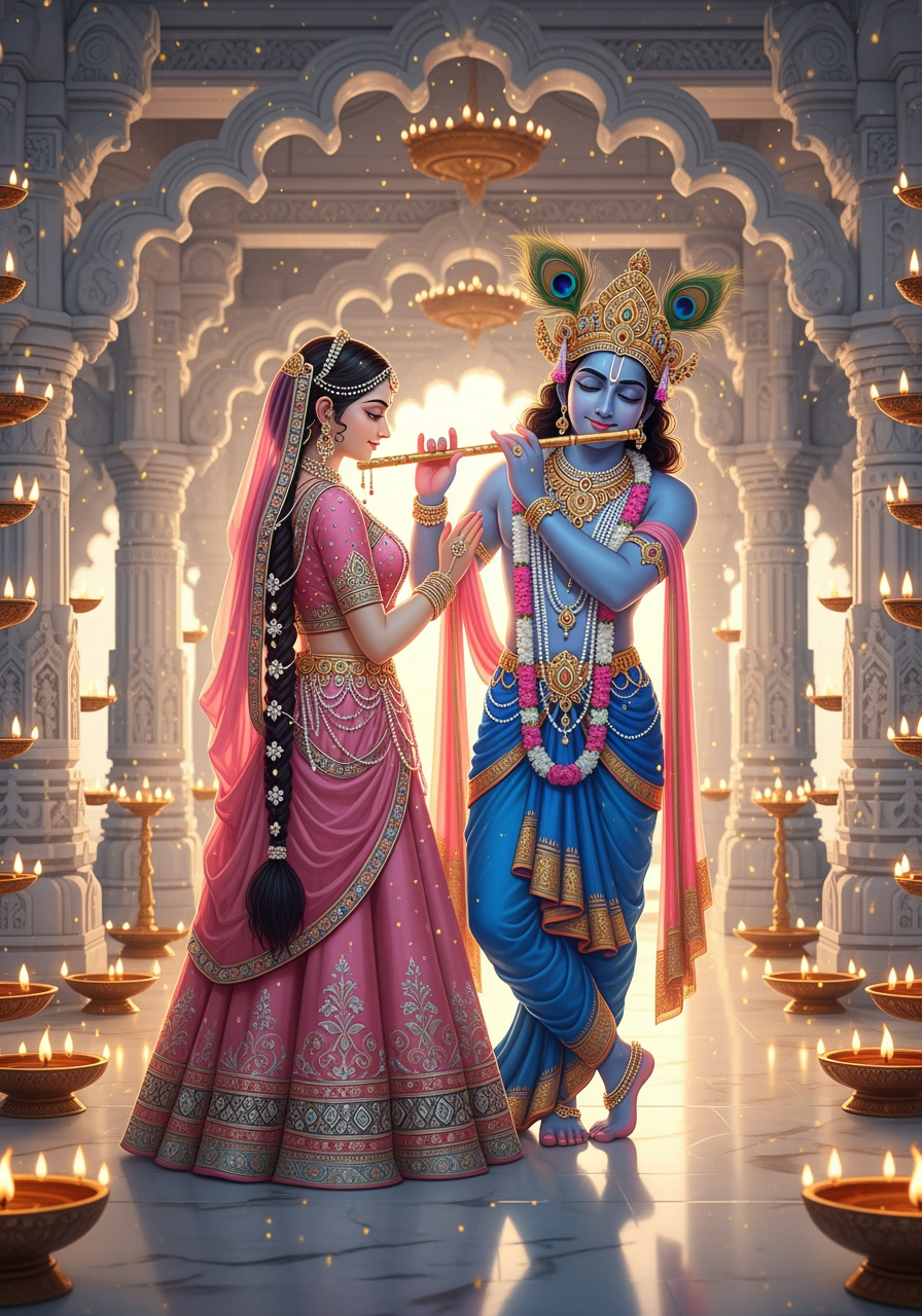 AI Design for A divine and ultra-detailed artwork of Radha Krishna standing gracefully inside a grand white marble temple illuminated with thousands of glowing oil lamps and golden particles. Lord Krishna is playing an elegant golden flute, wearing a royal blue silk dhoti with intricate gold embroidery, pearl necklaces and a peacock feather crown. Radha is adorned in a luxurious pink lehenga decorated with diamonds, kundan stones and floral motifs. Hyper realistic, cinematic lighting, 8K, original design, 4:5 ratio.