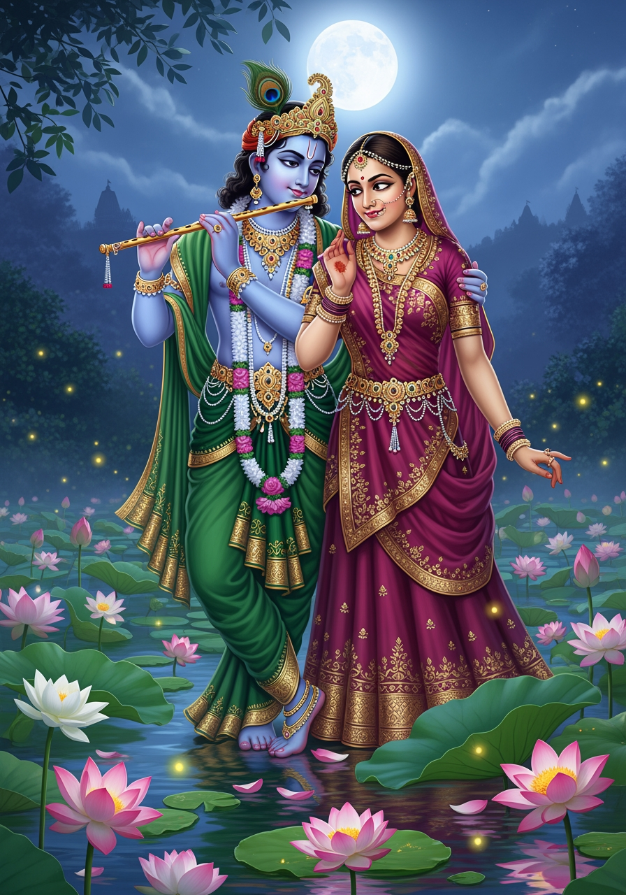 AI Design for Radha Krishna standing beside a lotus pond under moonlight, Krishna wearing emerald green attire with golden embroidery, Radha in magenta lehenga with heavy jewelry, floating petals, glowing reflections, dreamy atmosphere, ultra detailed, 8K, 4:5.