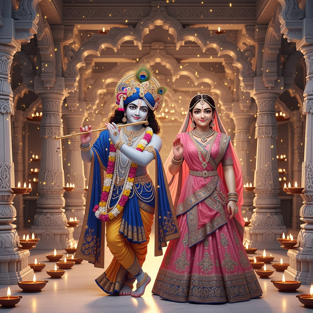 AI Design for A divine and ultra-detailed artwork of Radha Krishna standing gracefully inside a grand white marble temple illuminated with thousands of glowing oil lamps and golden particles. Lord Krishna is playing an elegant golden flute, wearing a royal blue silk dhoti with intricate gold embroidery, pearl necklaces and a peacock feather crown. Radha is adorned in a luxurious pink lehenga decorated with diamonds, kundan stones and floral motifs. Hyper realistic, cinematic lighting, 8K, original design, 4:5 ratio.
