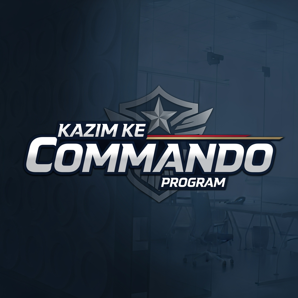 AI Design for (KAZIM KE COMMANDO PROGRAM) give me this name logo as per relatable design and good powerful colour combination and nice and font style designe it should be more profesional  and attractive more focouse on word Kazim ke kamando