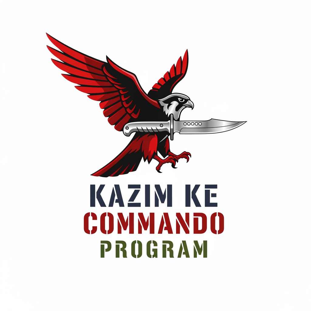AI Design for (KAZIM KE COMMANDO PROGRAM) give me this name logo as per the word term relatable design and good powerful colour combination and nice and font style designe it should be more profesional