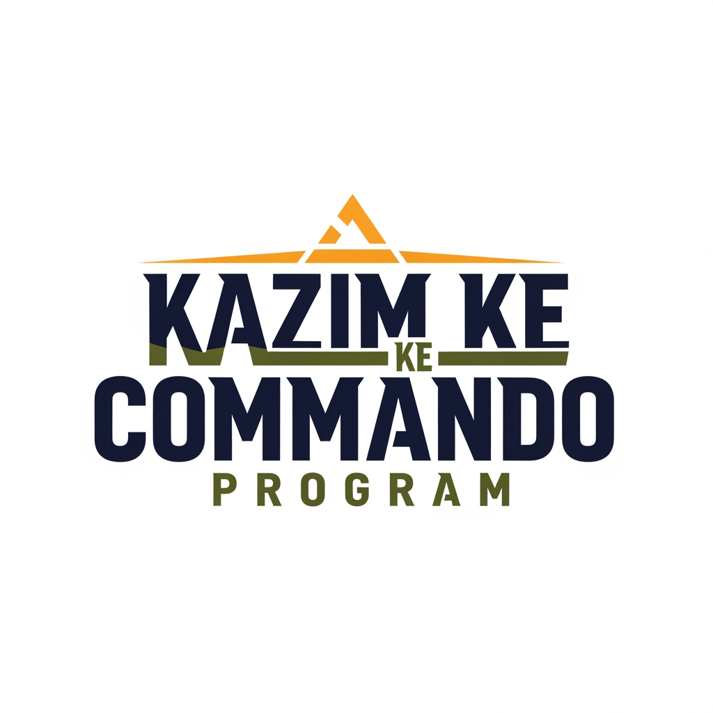 AI Design for (KAZIM KE COMMANDO PROGRAM) give me this name logo as per the word term relatable design and good powerful colour combination and nice and font style designe it should be more profesional