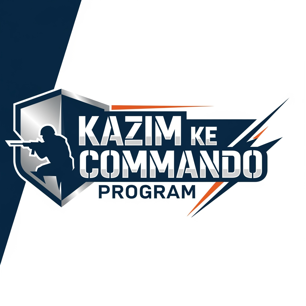 AI Design for (KAZIM KE COMMANDO PROGRAM) give me this name logo as per relatable design and good powerful colour combination and nice and font style designe it should be more profesional  and attractive more focouse on word Kazim ke kamando
