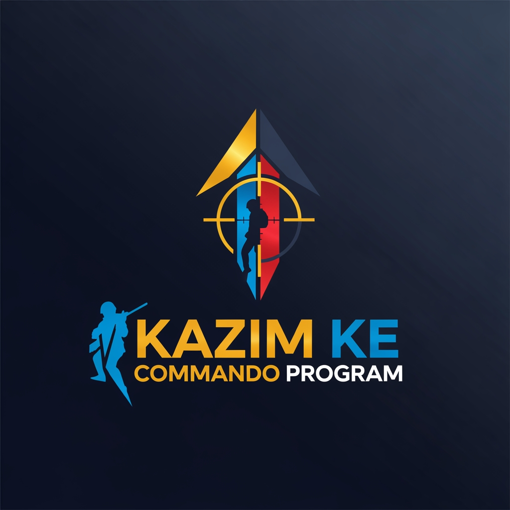 AI Design for (KAZIM KE COMMANDO PROGRAM) give me this name logo as per the word term relatable design and good powerful colour combination and nice and font style designe it should be more profesional