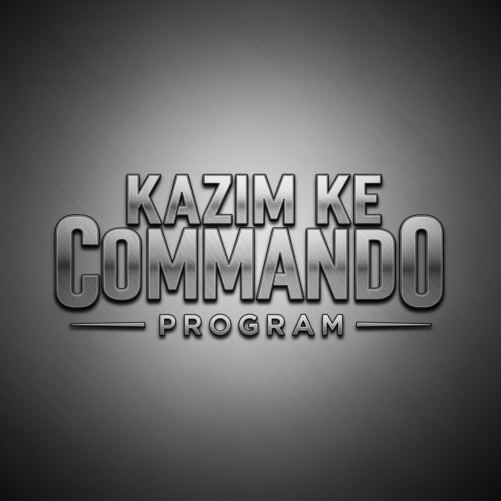 AI Design for (KAZIM KE COMMANDO PROGRAM) give me this name logo as per relatable design and good powerful colour combination and nice and font style designe it should be more profesional  and attractive more focouse on word Kazim ke kamando