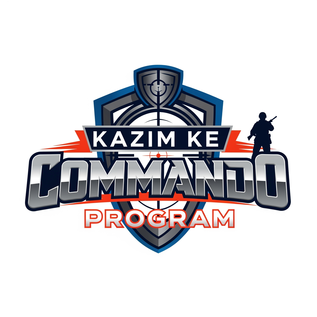 AI Design for (KAZIM KE COMMANDO PROGRAM) give me this name logo as per the word term relatable design and good powerful colour combination and nice and font style designe