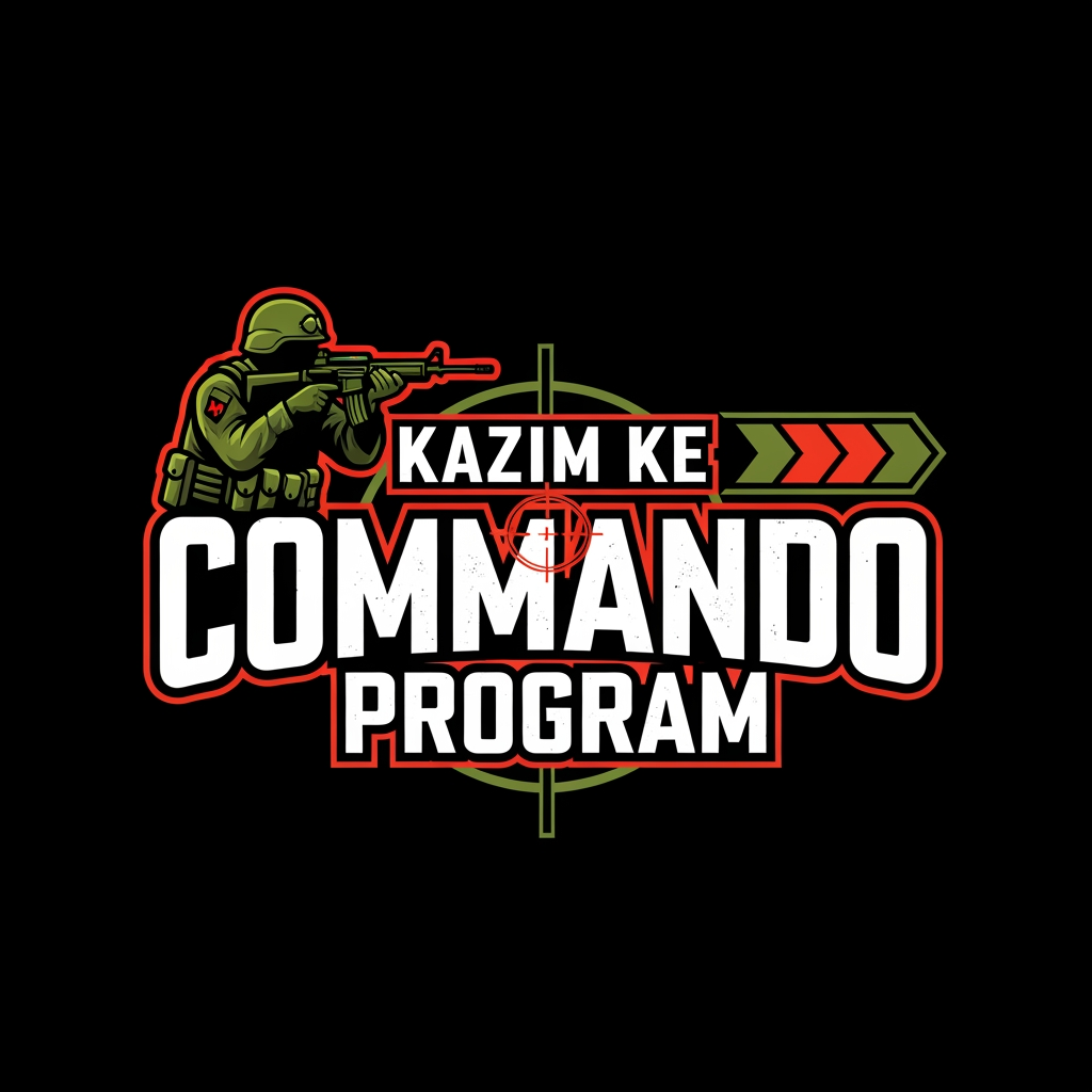 AI Design for (KAZIM KE COMMANDO PROGRAM) give me this name logo as per the word term relatable design and good powerful colour combination and nice and font style designe