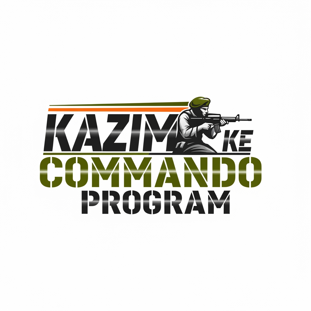 AI Design for (KAZIM KE COMMANDO PROGRAM) give me this name logo as per the word term relatable design and good powerful colour combination and nice and font style designe