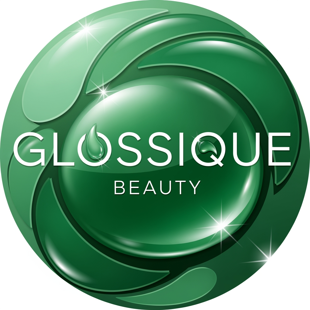 AI Design for round shap and greentheme makeup product logo iconic and unique name chhe glossique beauty ama thi kak saru banav