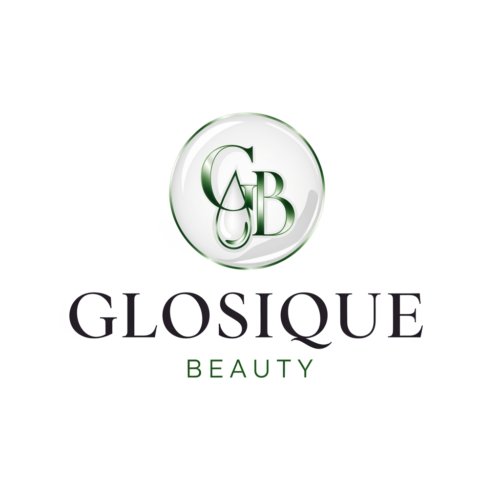 AI Design for round shap and greentheme makeup product logo iconic and unique name chhe glossique beauty ama thi kak saru banav unique kak saru haji kak saru and super kak stylish and luxery noo unique kak saru white theme