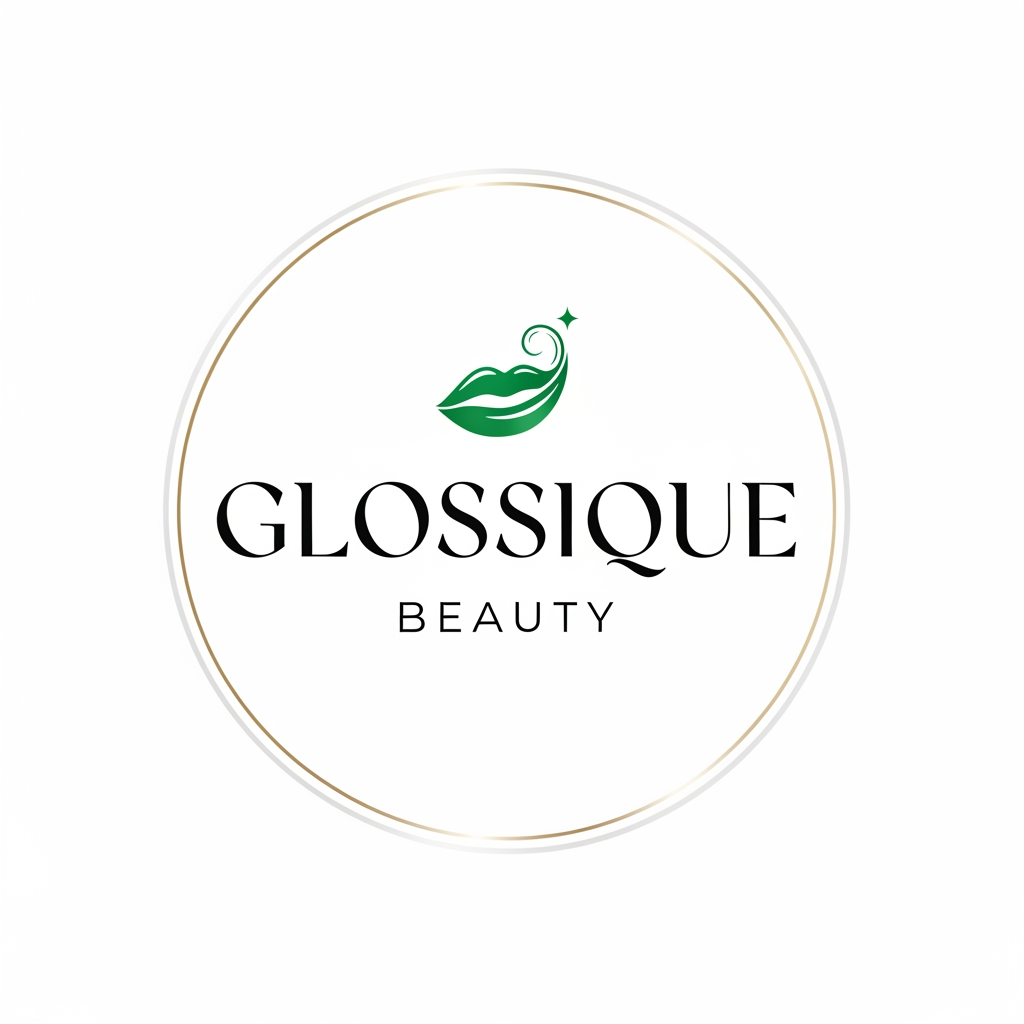 AI Design for round shap and greentheme makeup product logo iconic and unique name chhe glossique beauty ama thi kak saru banav unique kak saru haji kak saru and super kak stylish and luxery noo unique kak saru white theme