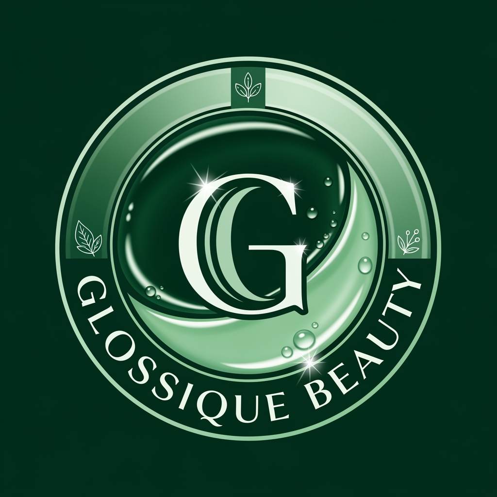 AI Design for round shap and greentheme makeup product logo iconic and unique name chhe glossique beauty ama thi kak saru banav unique kak saru haji kak saru and super kak stylish and luxery