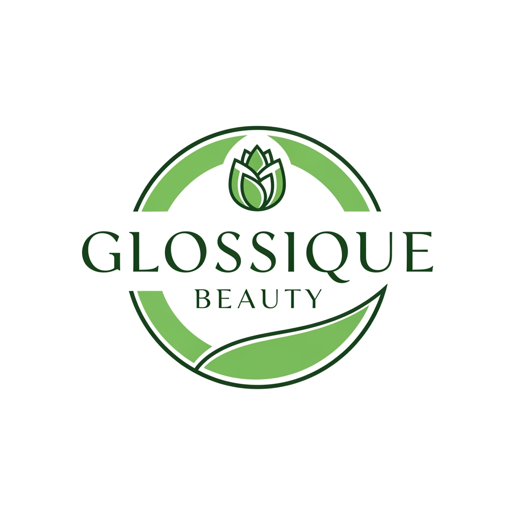 AI Design for round shap and greentheme makeup product logo iconic and unique name chhe glossique beauty ama thi kak saru banav unique kak saru