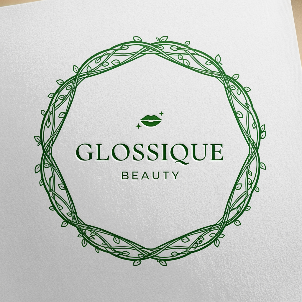 AI Design for round shap and greentheme makeup product logo iconic and unique name chhe glossique beauty ama thi kak saru banav unique kak saru haji kak saru and super kak stylish and luxery noo unique kak saru white theme
