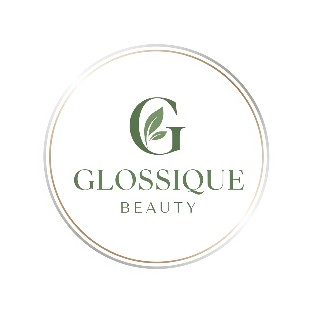 AI Design for round shap and greentheme makeup product logo iconic and unique name chhe glossique beauty ama thi kak saru banav unique kak saru haji kak saru and super kak stylish and luxery noo unique kak saru white theme noo kak saru