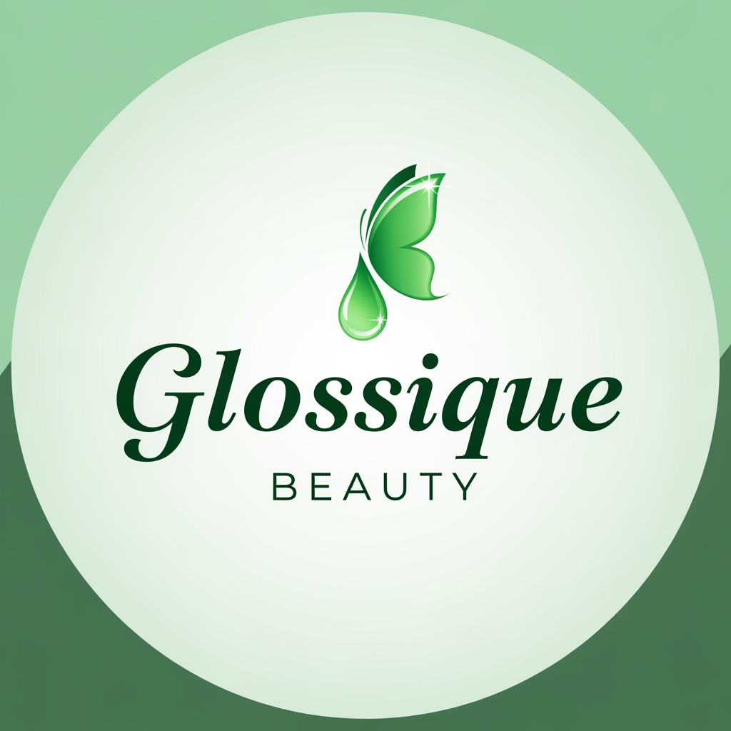 AI Design for round shap and greentheme makeup product logo iconic and unique name chhe glossique beauty ama thi kak saru banav unique kak saru
