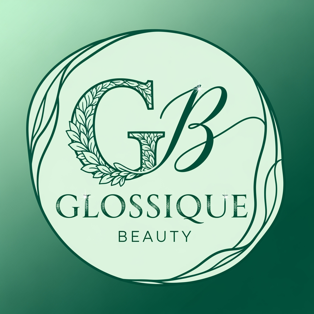 AI Design for round shap and greentheme makeup product logo iconic and unique name chhe glossique beauty ama thi kak saru banav unique kak saru haji kak saru and super