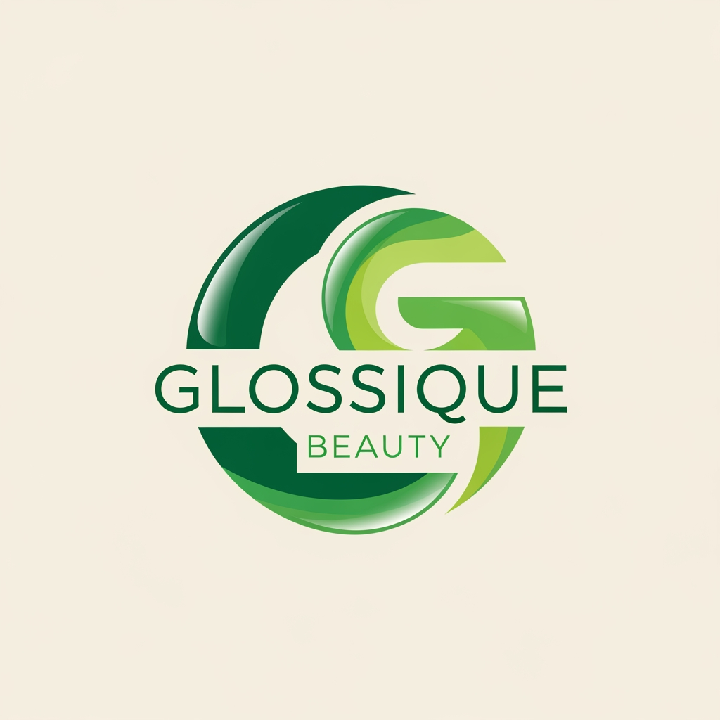 AI Design for round shap and greentheme makeup product logo iconic and unique name chhe glossique beauty ama thi kak saru banav