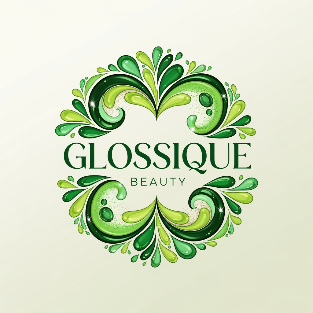 AI Design for round shap and greentheme makeup product logo iconic and unique name chhe glossique beauty ama thi kak saru banav unique kak saru haji kak saru and super