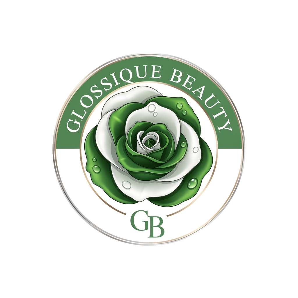AI Design for round shap and greentheme makeup product logo iconic and unique name chhe glossique beauty ama thi kak saru banav unique kak saru haji kak saru and super kak stylish and luxery noo unique kak saru white theme noo kak saru