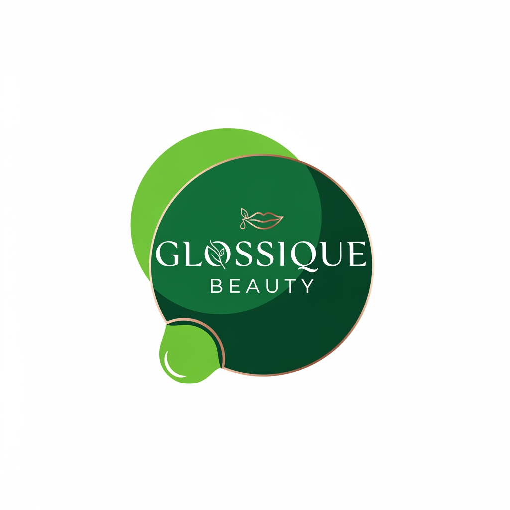 AI Design for round shap and greentheme makeup product logo iconic and unique name chhe glossique beauty ama thi kak saru banav