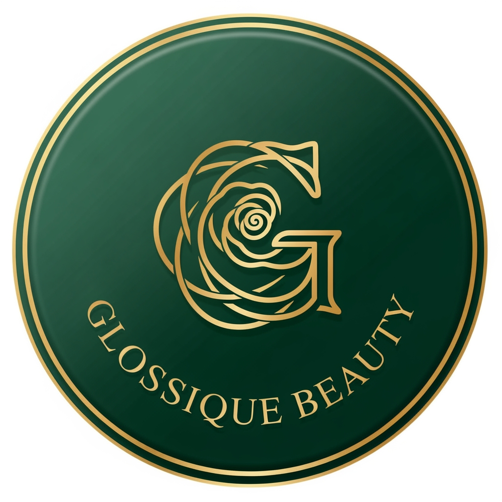 AI Design for round shap and greentheme makeup product logo iconic and unique name chhe glossique beauty ama thi kak saru banav unique kak saru haji kak saru and super kak stylish and luxery