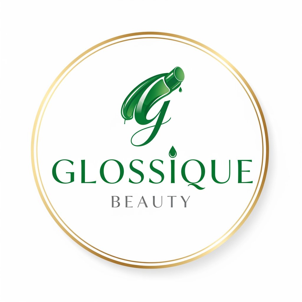 AI Design for round shap and greentheme makeup product logo iconic and unique name chhe glossique beauty ama thi kak saru banav unique kak saru haji kak saru and super kak stylish and luxery noo unique kak saru white theme noo kak saru