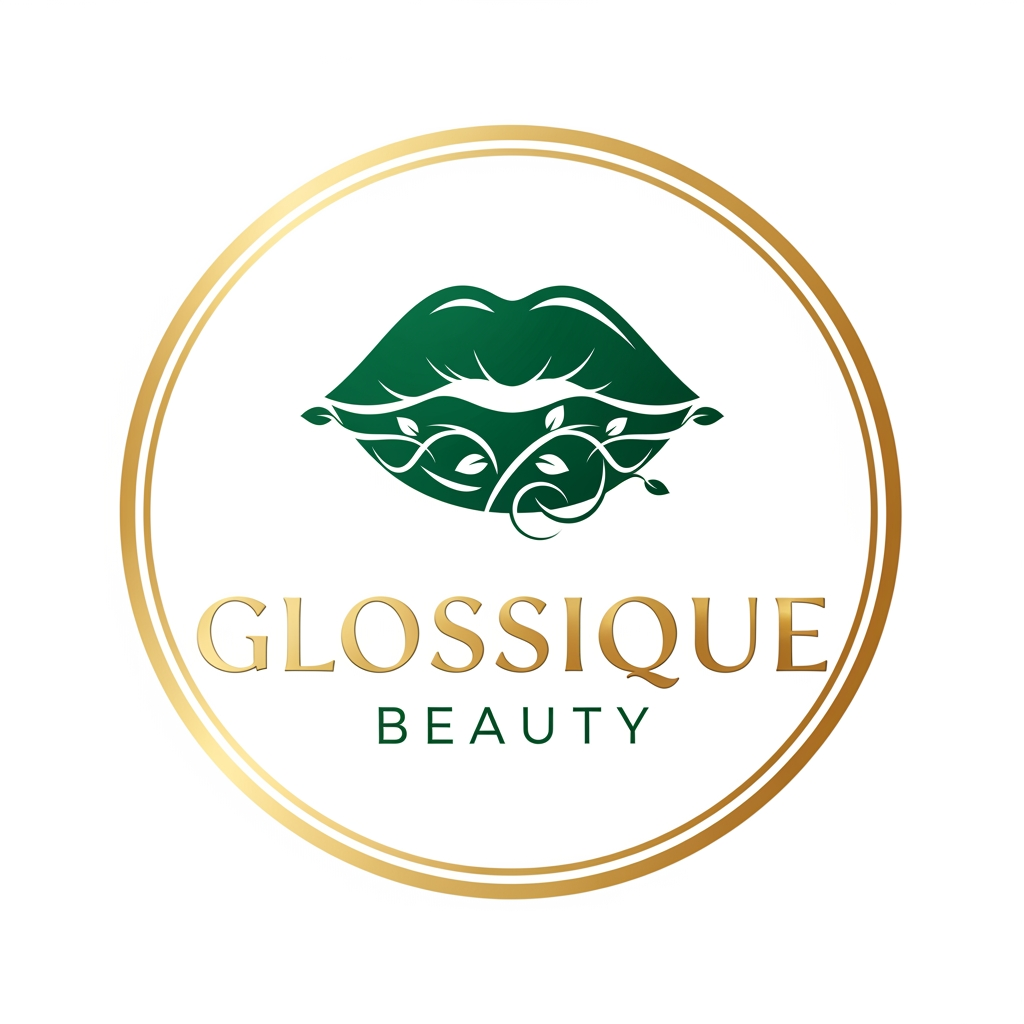 AI Design for round shap and greentheme makeup product logo iconic and unique name chhe glossique beauty ama thi kak saru banav unique kak saru haji kak saru and super kak stylish and luxery