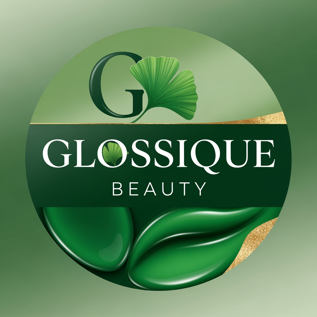 AI Design for round shap and greentheme makeup product logo iconic and unique name chhe glossique beauty ama thi kak saru banav unique kak saru haji kak saru and super