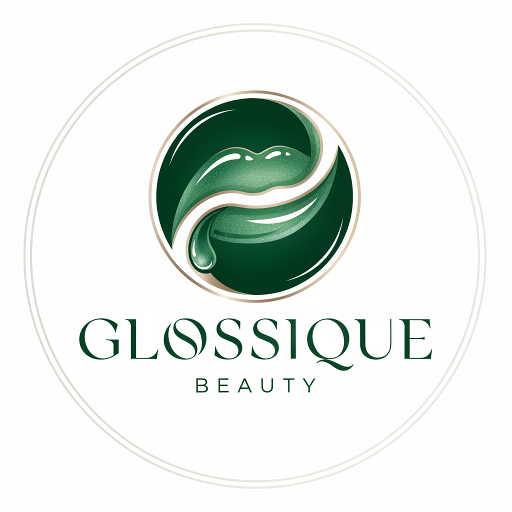 AI Design for round shap and greentheme makeup product logo iconic and unique name chhe glossique beauty ama thi kak saru banav unique kak saru haji kak saru and super kak stylish and luxery noo unique kak saru white theme noo kak saru
