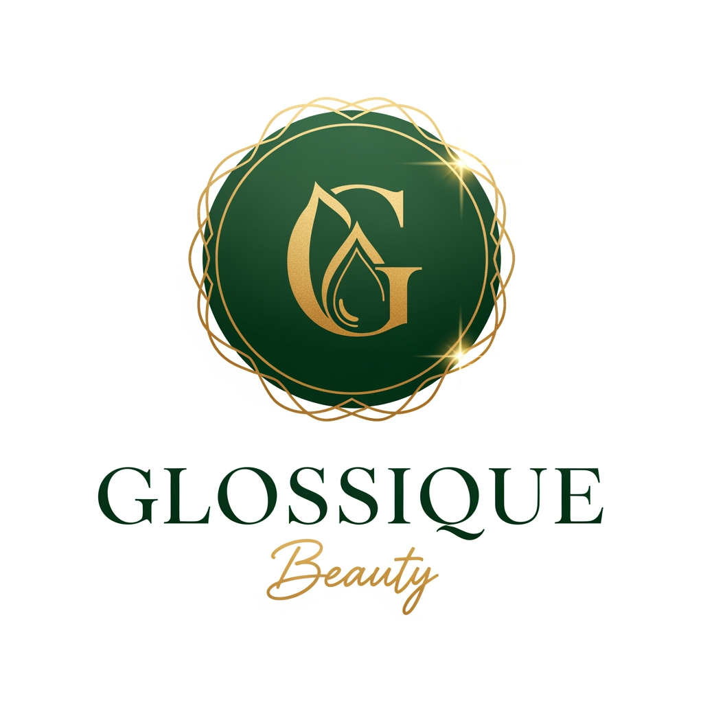 AI Design for round shap and greentheme makeup product logo iconic and unique name chhe glossique beauty ama thi kak saru banav unique kak saru haji kak saru and super kak stylish and luxery noo unique kak saru