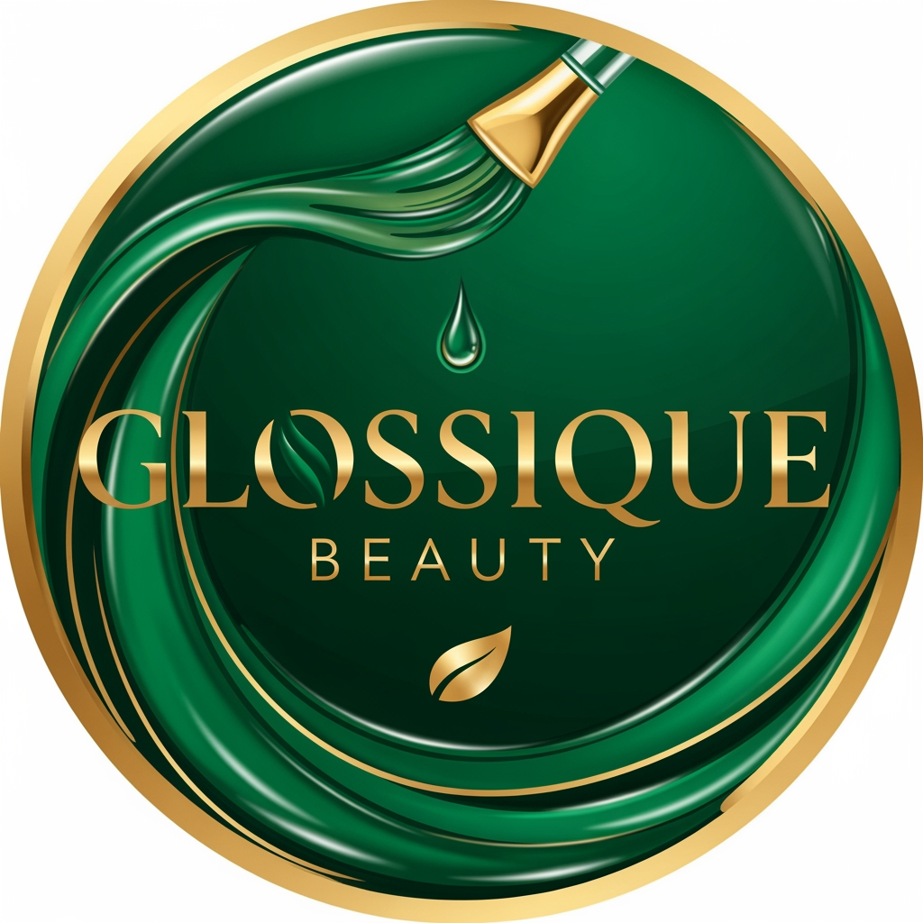 AI Design for round shap and greentheme makeup product logo iconic and unique name chhe glossique beauty ama thi kak saru banav unique kak saru