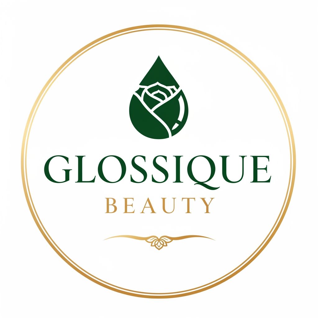 AI Design for round shap and greentheme makeup product logo iconic and unique name chhe glossique beauty ama thi kak saru banav unique kak saru haji kak saru and super kak stylish and luxery noo unique kak saru