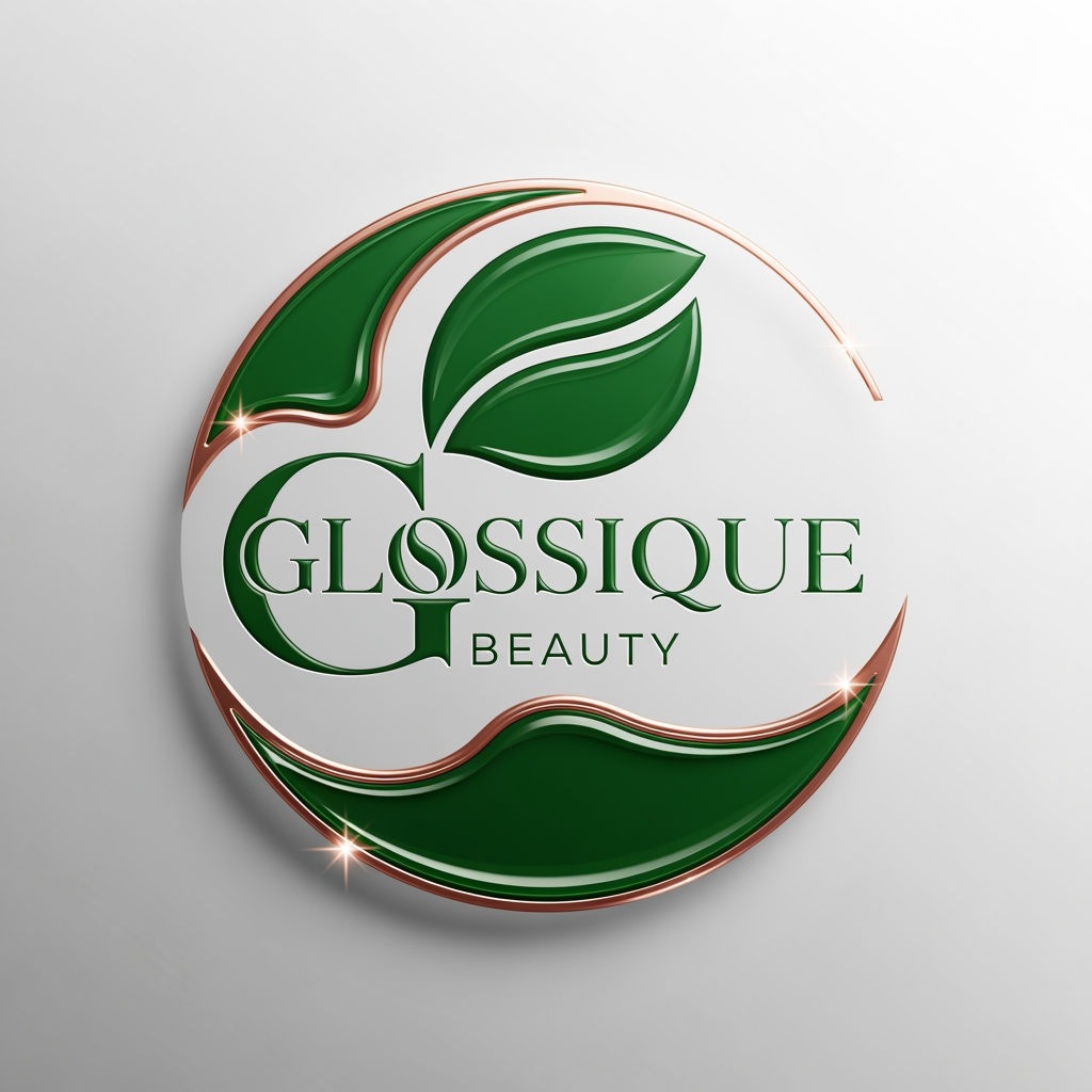 AI Design for round shap and greentheme makeup product logo iconic and unique name chhe glossique beauty ama thi kak saru banav unique kak saru haji kak saru and super kak stylish and luxery noo unique kak saru