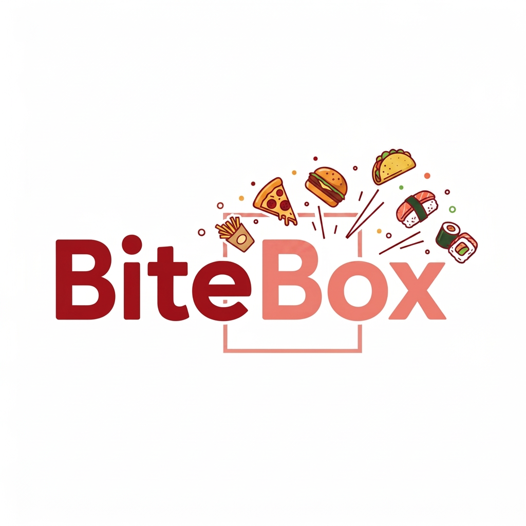 AI Design for give me logo for food delivery company name as bitebox .the colour of bite should be dark red and box colour should be light red .add some food marge item logo. Give food some best colour relative