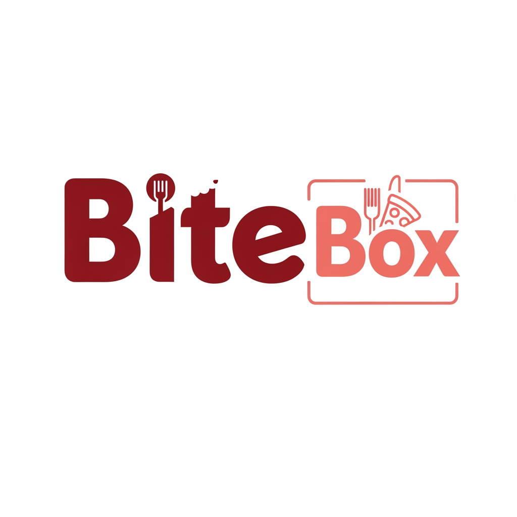 AI Design for give me logo for food delivery company name as bitebox .the colour of bite should be dark red and box colour should be light red .add some food marge item logo.