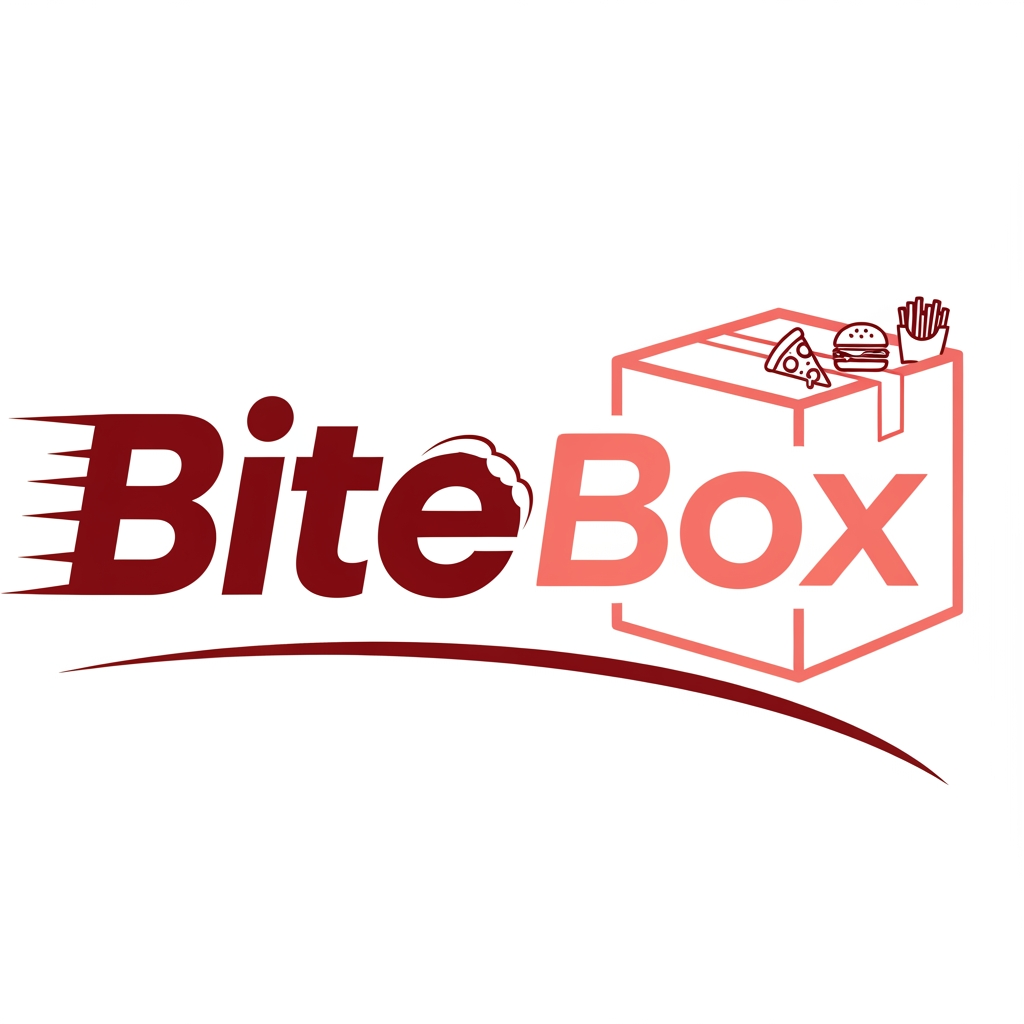 AI Design for give me logo for food delivery company name as bitebox .the colour of bite should be dark red and box colour should be light red .add some food marge item logo.