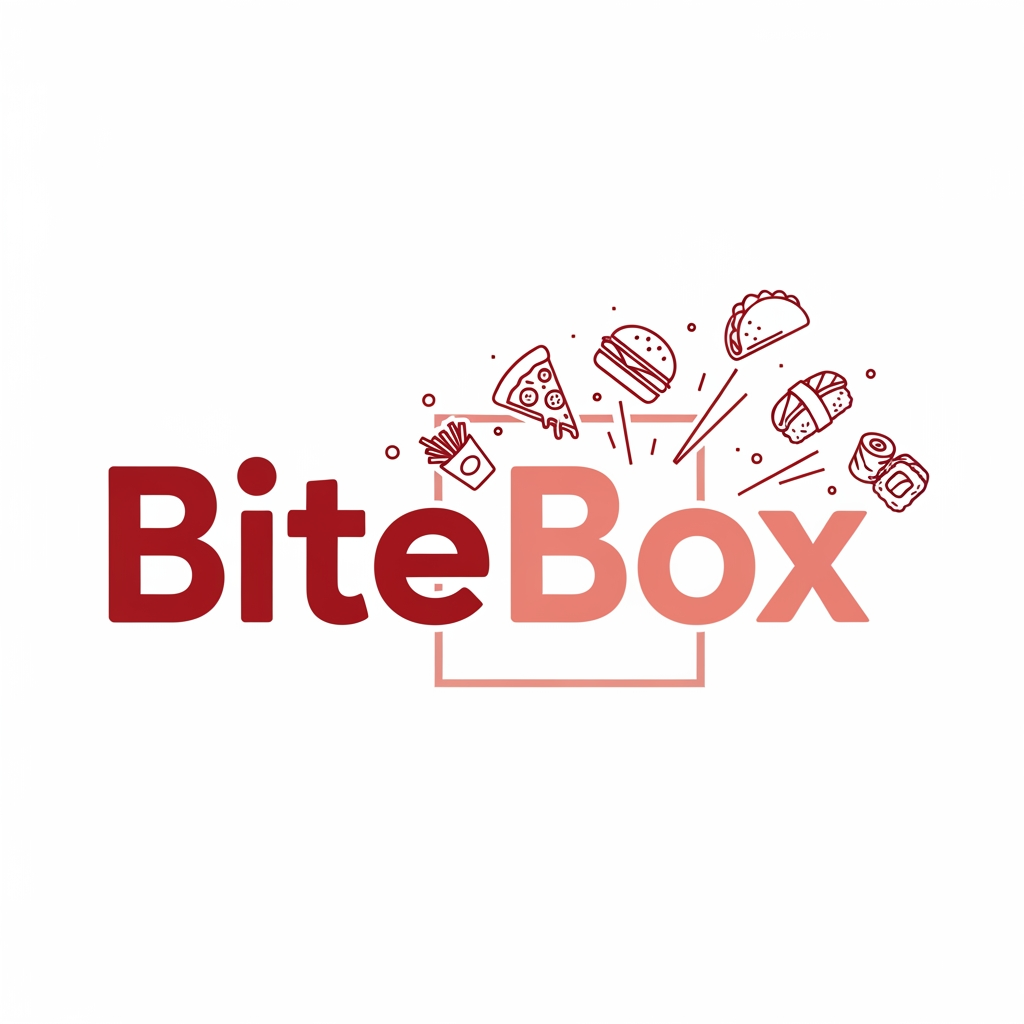 AI Design for give me logo for food delivery company name as bitebox .the colour of bite should be dark red and box colour should be light red .add some food marge item logo.