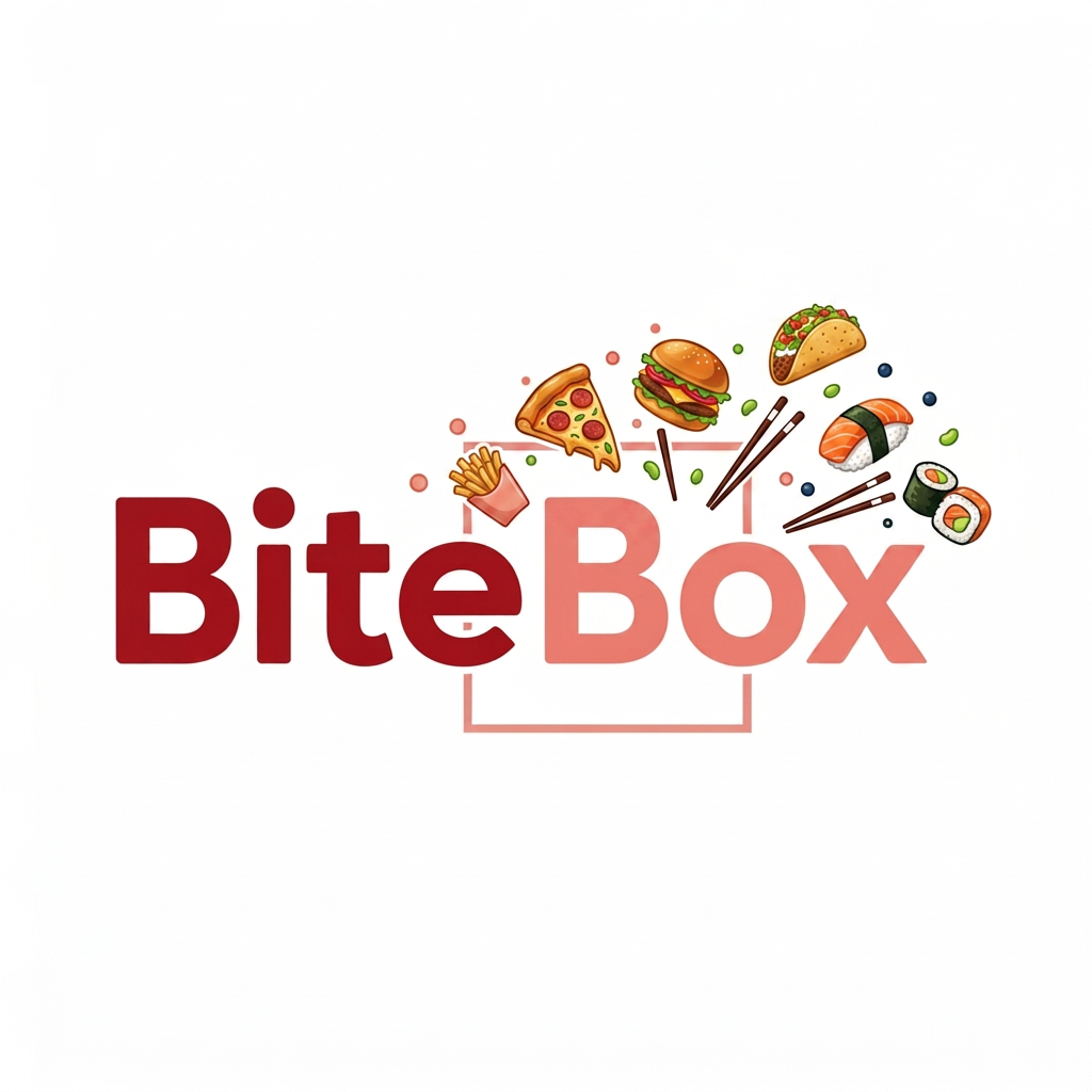 AI Design for give me logo for food delivery company name as bitebox .the colour of bite should be dark red and box colour should be light red .add some food marge item logo. Give food some best colour relative
