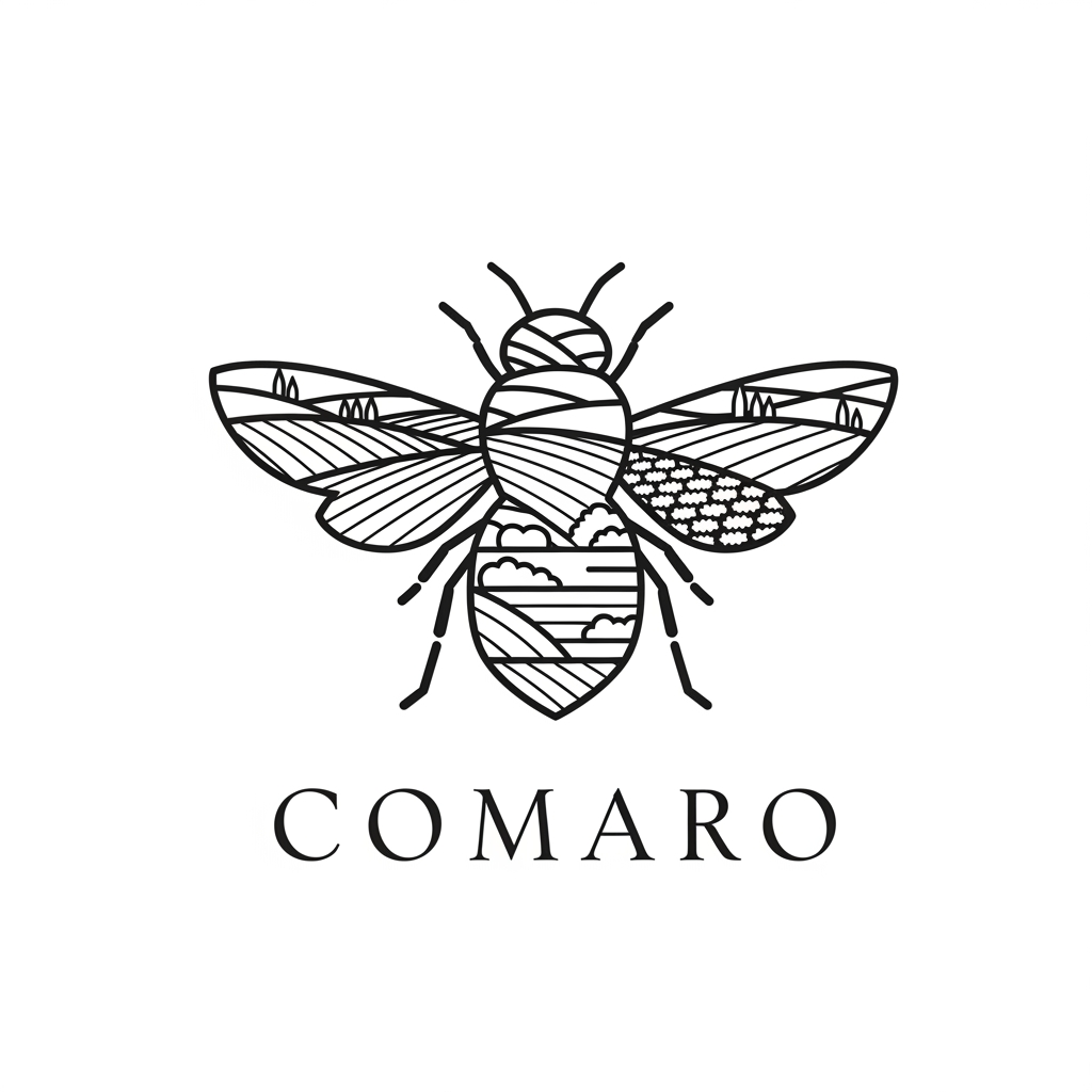 AI Design for Create a minimalist black-and-white logo for COMARO that seamlessly combines a bee and the local territory into a single iconic symbol. Use negative space, clean geometric lines, and a premium vector style. The bee's wings or body should subtly evoke hills, fields, vineyards, or topographic contours. Elegant, timeless, memorable, suitable for packaging and branding. Monochrome only, no gradients, no shadows, no illustrations, no mascots. Premium Italian artisan identity, inspired by nature, biodiversity, and local heritage.