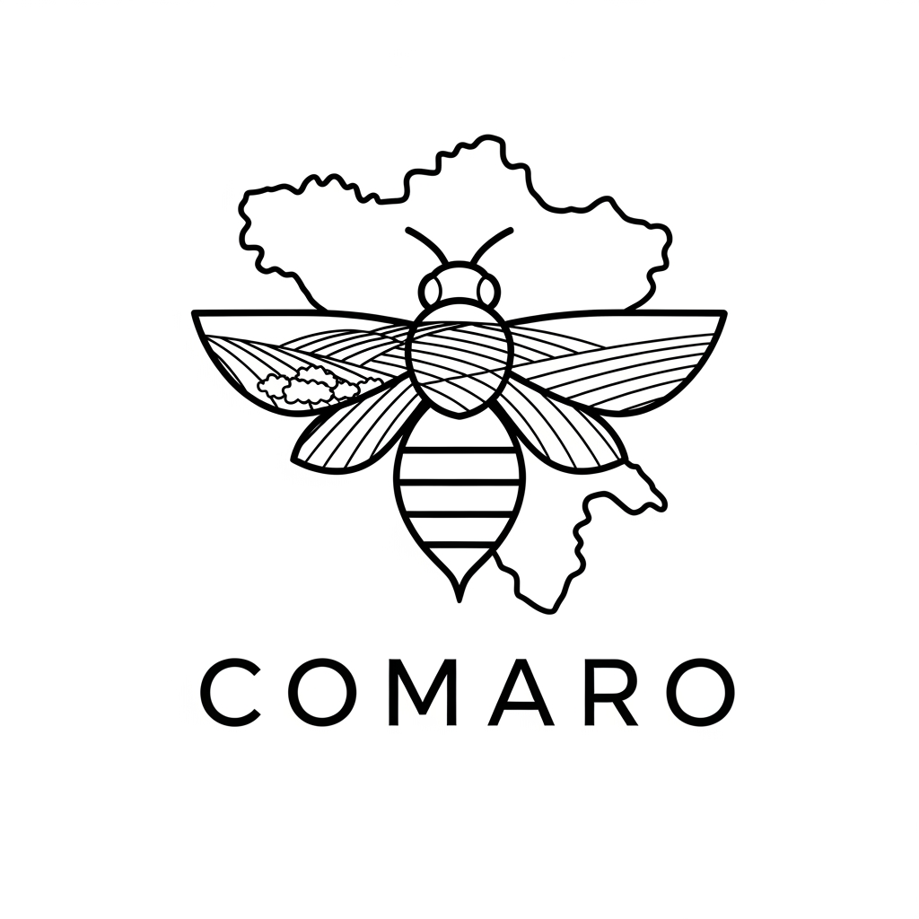 AI Design for Create a minimalist black-and-white logo for COMARO that seamlessly combines a bee and the local territory into a single iconic symbol. Use negative space, clean geometric lines, and a premium vector style. The bee's wings or body should subtly evoke hills, fields, vineyards, or topographic contours. Elegant, timeless, memorable, suitable for packaging and branding. Monochrome only, no gradients, no shadows, no illustrations, no mascots. Premium Italian artisan identity, inspired by nature, biodiversity, and local heritage.