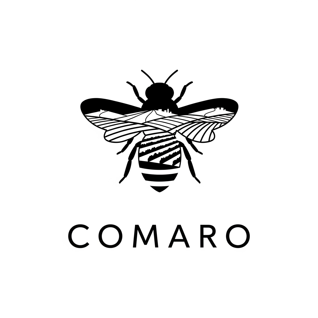 AI Design for Create a minimalist black-and-white logo for COMARO that seamlessly combines a bee and the local territory into a single iconic symbol. Use negative space, clean geometric lines, and a premium vector style. The bee's wings or body should subtly evoke hills, fields, vineyards, or topographic contours. Elegant, timeless, memorable, suitable for packaging and branding. Monochrome only, no gradients, no shadows, no illustrations, no mascots. Premium Italian artisan identity, inspired by nature, biodiversity, and local heritage.
