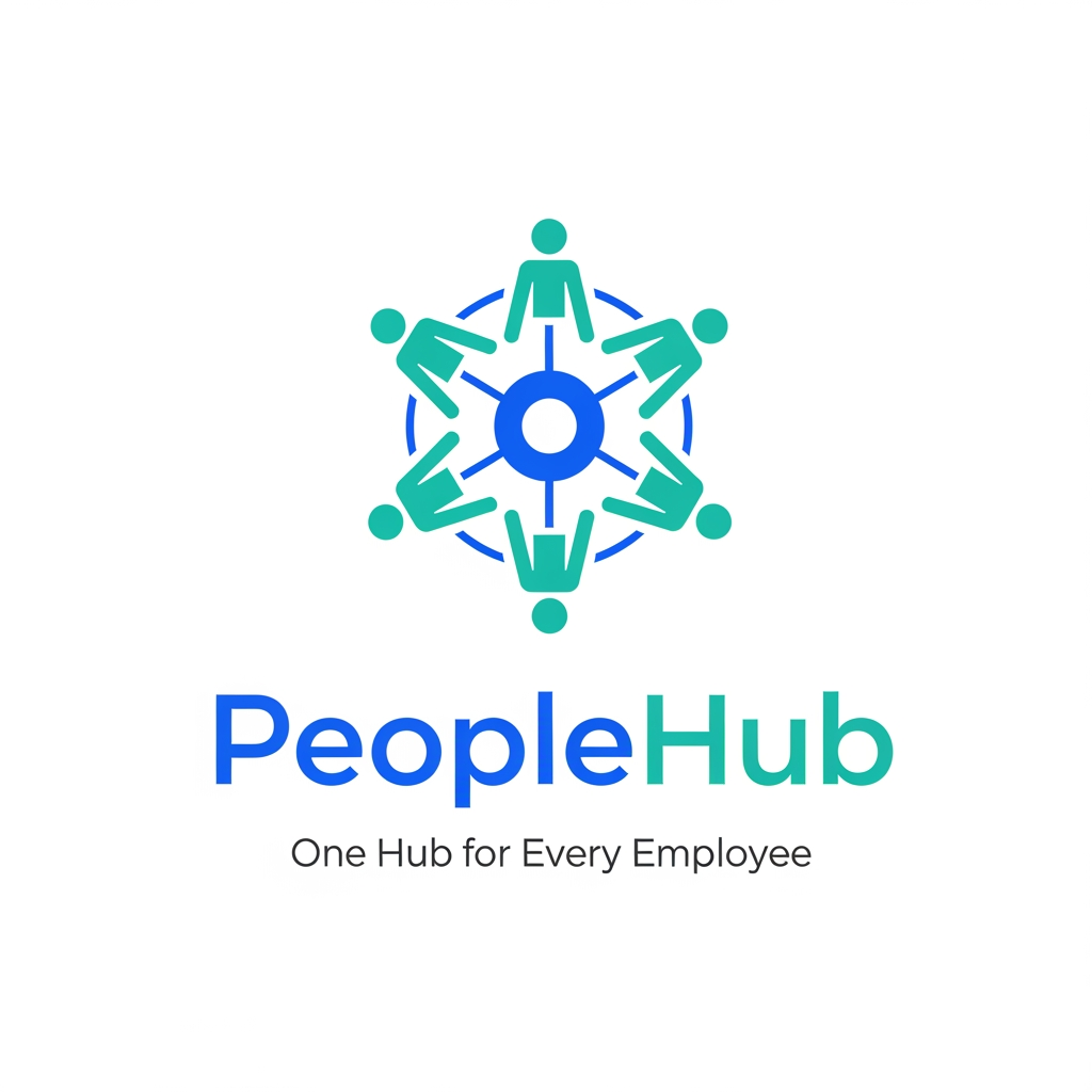 AI Design for Design a modern and professional logo for an HRMS (Human Resource Management System) platform named **PeopleHub**.

Concept:

* PeopleHub is a centralized platform where all employee-related activities are managed in one place, including attendance, payroll, leave management, onboarding, performance tracking, and employee records.
* The logo should visually represent the idea of **people connected to a central hub**, symbolizing "everything managed in one place."

Design Style:

* Clean, modern, minimal, and corporate.
* Suitable for a SaaS product, web application, and mobile app.
* Professional enough for enterprises and startups.

Visual Elements:

* Abstract people icons connected to a central node.
* Hub, network, or circular connection concept.
* Simple geometric shapes.
* Modern wordmark with the text "PeopleHub".

Color Palette:

* Primary: Blue (#2563EB) representing trust and technology.
* Secondary: Teal (#14B8A6) representing growth and people.
* White background.

Requirements:

* Create both icon + wordmark versions.
* Scalable and easy to recognize.
* Flat design (no gradients).
* Unique and memorable.
* Convey the message: "All employee management in one place."

Tagline (optional):
"One Hub for Every Employee."