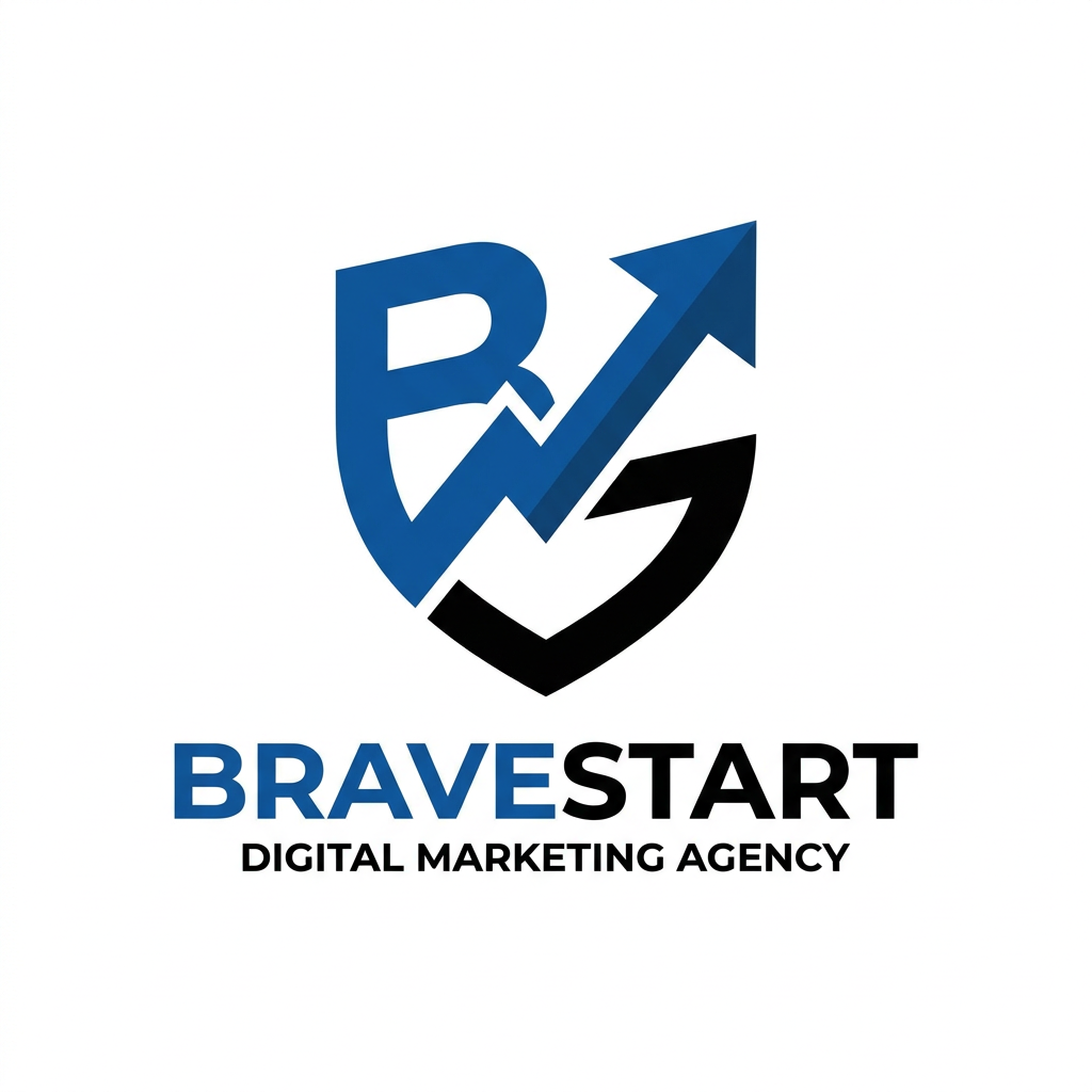 AI Design for A modern, minimalist logo design for BRAVESTART, a digital marketing agency. The emblem features a bold, conveys strength, courage, and forward momentum, rendered in a striking color palette of blue and black. The typography is clean, sans-serif, and authoritative, set against a crisp white background to emphasize professionalism and boldness.
